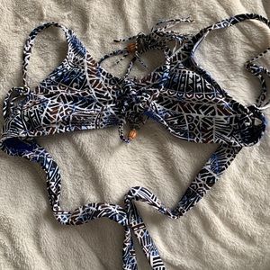brown and blue bikini top w tassels